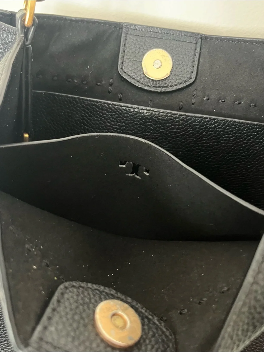 Tory Burch Black Pebbled Leather Shoulder Tote with Gold Hardware